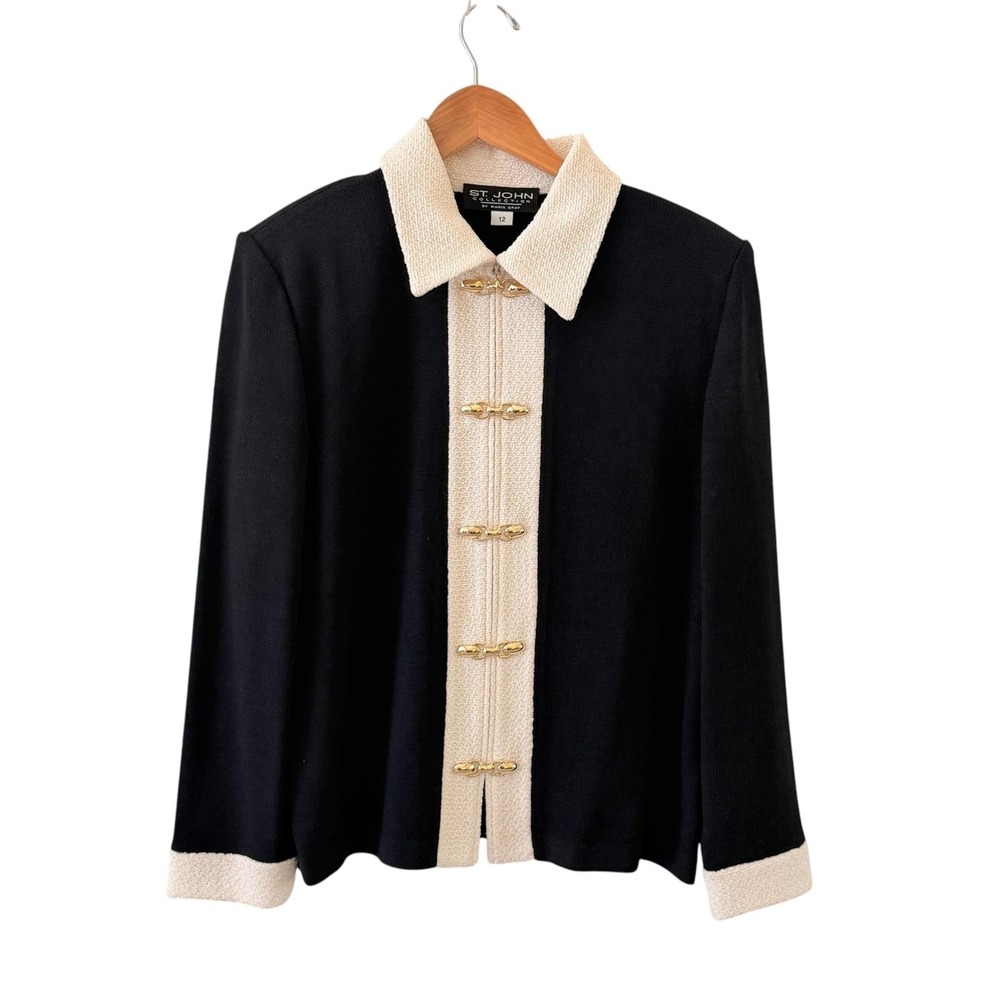 St John Collection Contrast Trim Cardigan Sweater 12 Black Cream Old Money